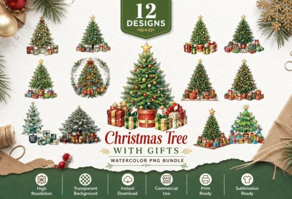 Download Watercolor Christmas Tree Gifts PNG - Color Collection