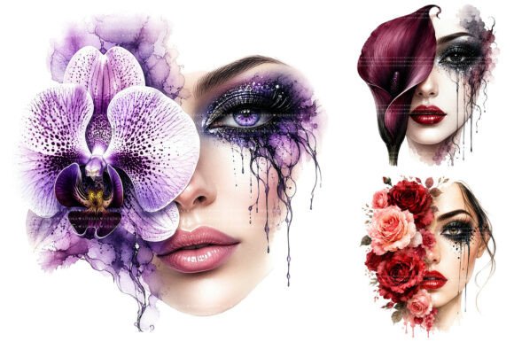 Download Watercolor Floral Woman Face Designs PNG - Color Collection