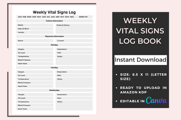Download Weekly Vital Signs Log Book - KDP - Book Collection
